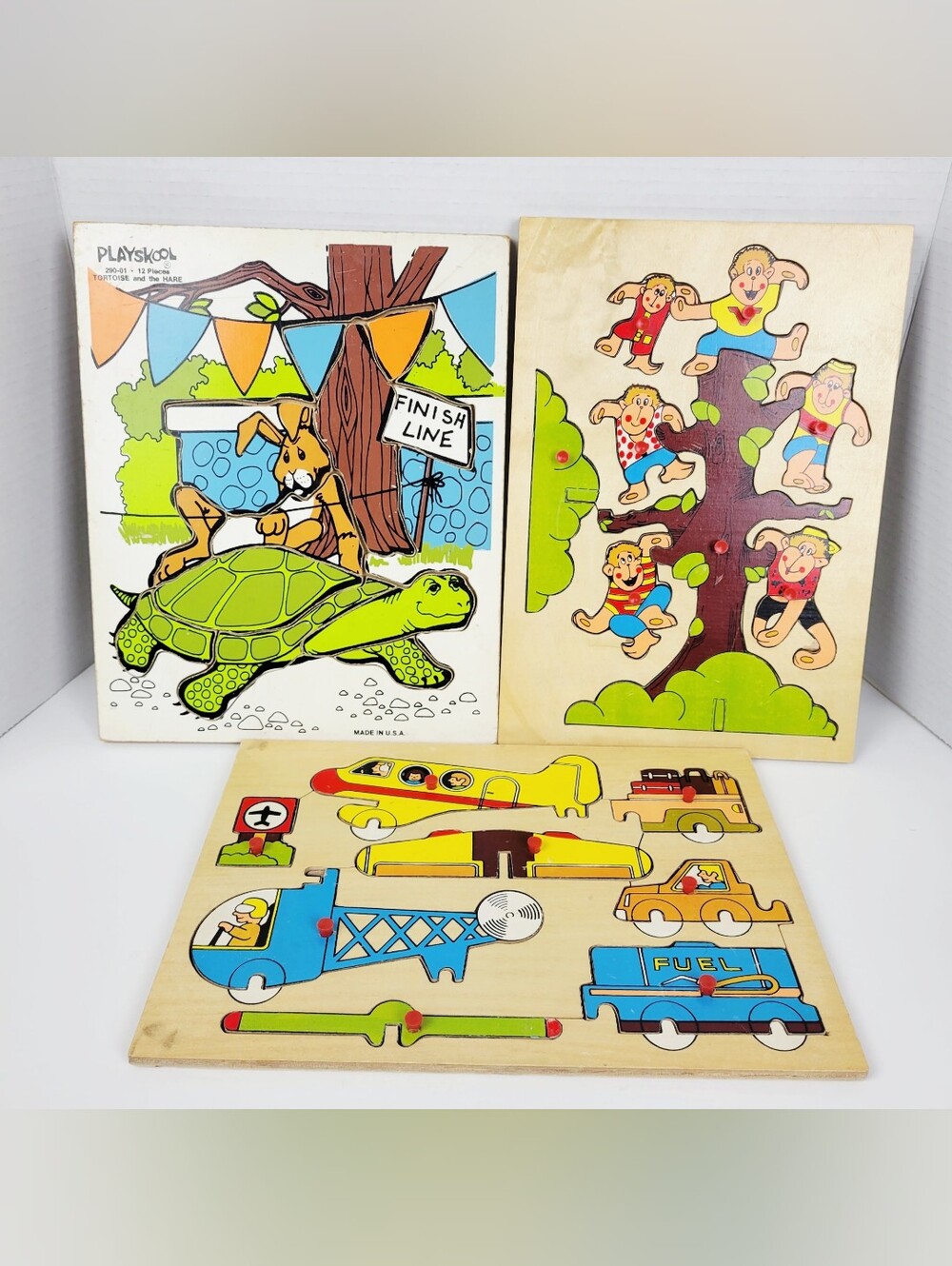 3-Wooden Puzzles~Playskool Tortoise Hare~Simplex Peg Transportation Monkeys Tree